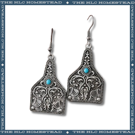Paisley Turquoise Cow Tag Earrings