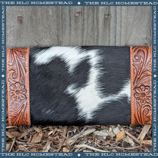 Black And White Hide Tooled Leather Wallet
