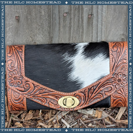 Black And White Hide Tooled Leather Wallet