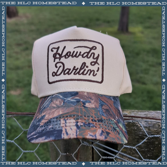Howdy Darlin’ Canvas Trucker Cap – Bush Camo & Rice